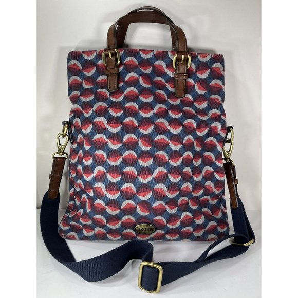 Fossil Explorer Geometric Fabric with Leather Trim Crossbody Shoulder Bag - Picture 6 of 12